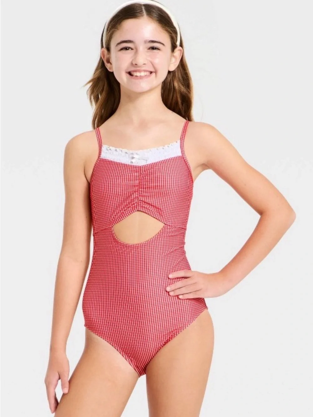 art class Red Gingham One-Piece Swimsuit with Lace Trim